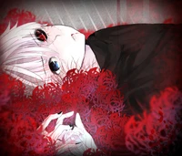 Ken Kaneki Amidst Red Imagery: A Haunting Anime Illustration