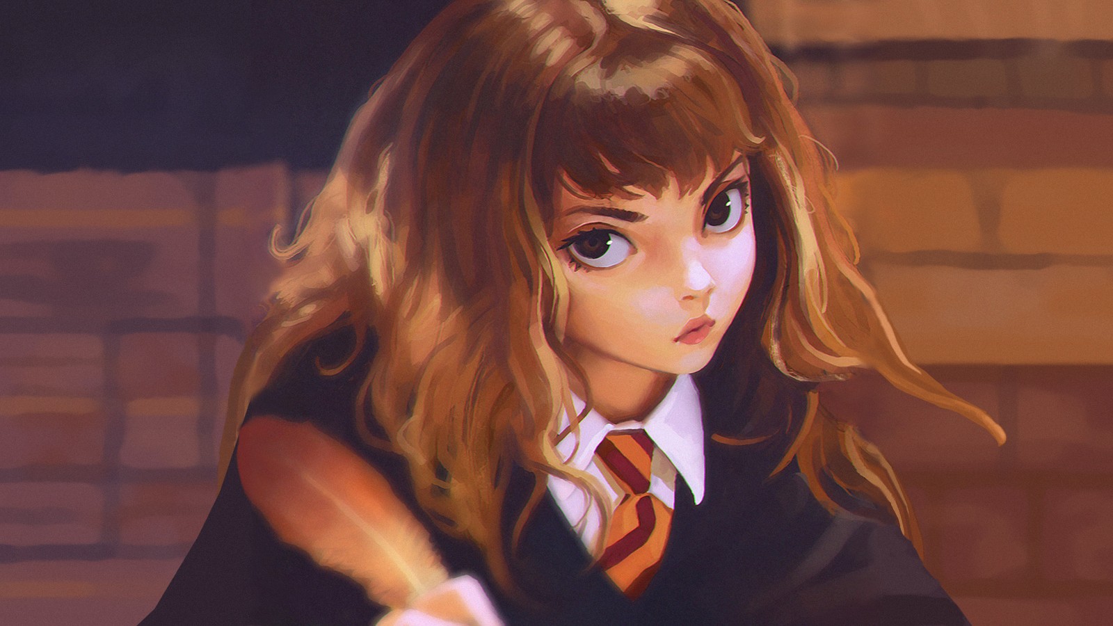 Fille anime avec de longs cheveux et une cravate tenant une batte de baseball (harry potter, hermione granger, ron weasley, cartoon, anime)