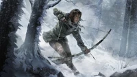 Lara Croft naviguant dans une wilderness enneigée, prête avec un arc, incarnant l'esprit d'aventure et de résilience dans un paysage glaciaire.