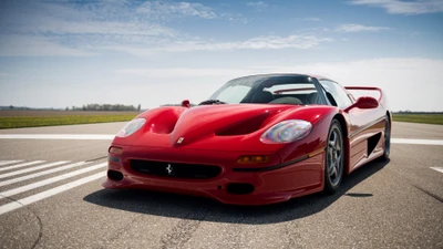 Ferrari F50 на открытой взлетно-посадочной полосе, демонстрирующий свой элегантный дизайн и яркий красный цвет.