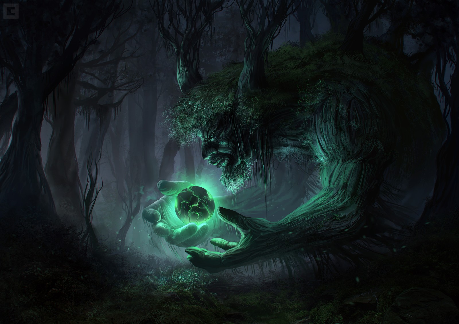 A man and a woman are in the woods with a glowing green light (fantastic art, fantasy, dark fantasy, forest, digital art)