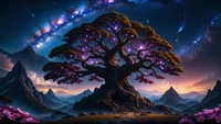 Galactic Tree of Dreams Under a Starry Night Sky