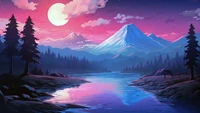 night, full, moon, scenery, river wallpaper