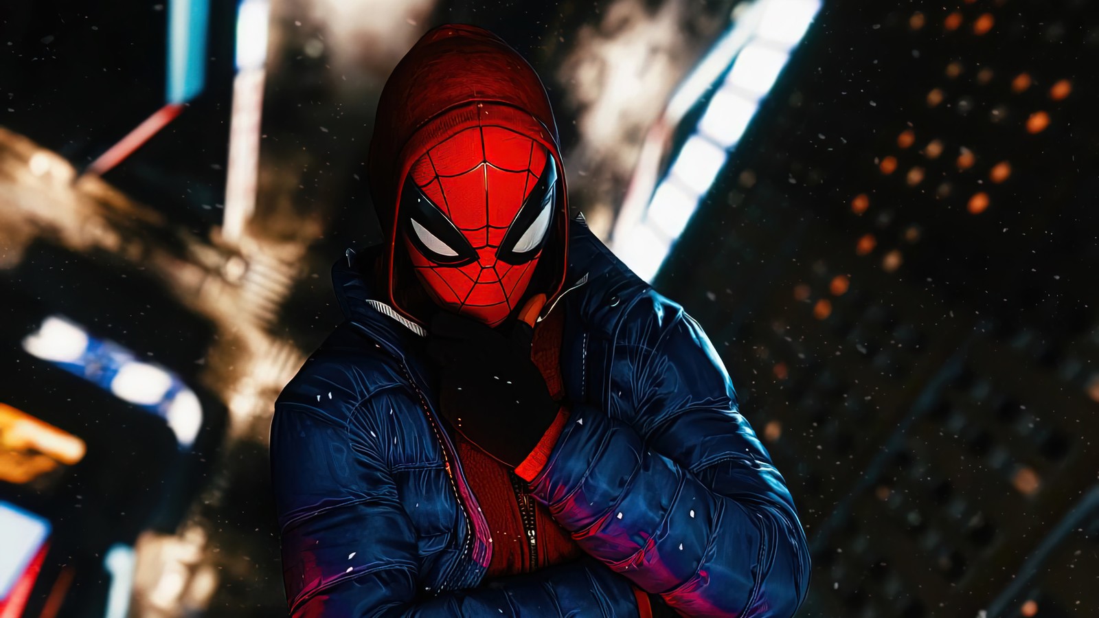 Homem-aranha em uma jaqueta azul e moletom vermelho está em pé na chuva (marvels spider man miles morales, playstation 5, ps5, ps4, jogo de vídeo)