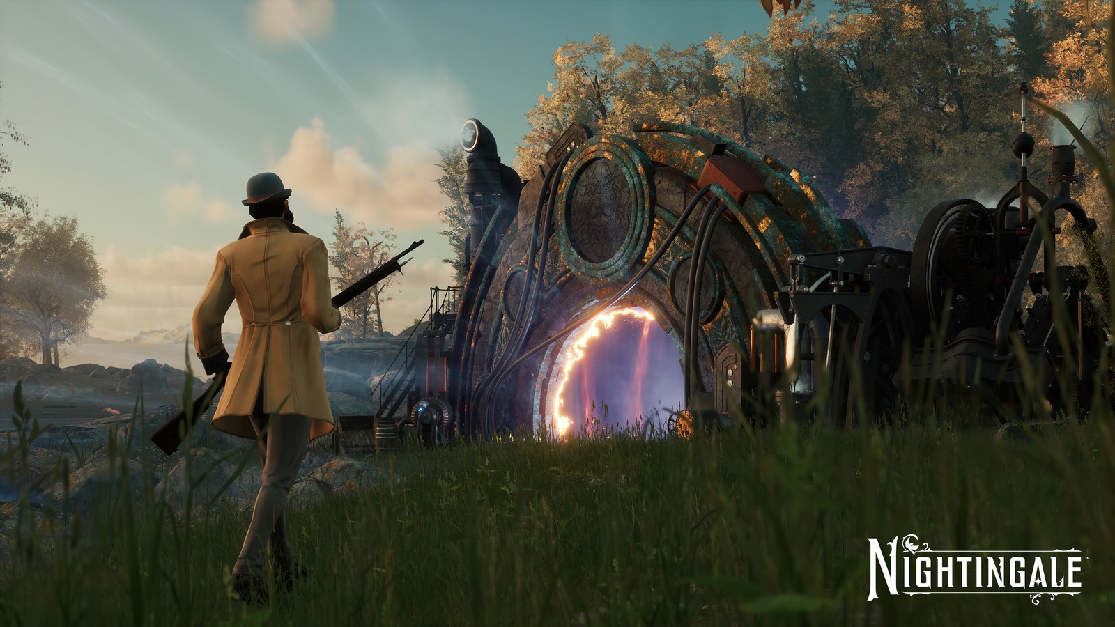 A man in a trench coat holding a rifle standing in front of a giant monster (nightingale, video game)