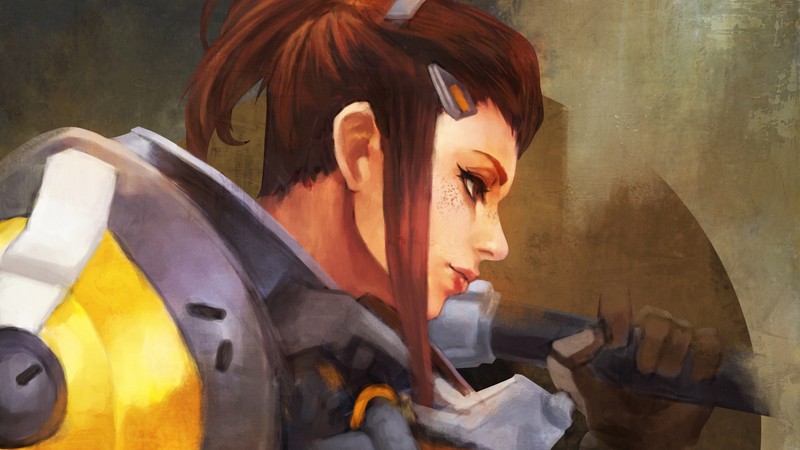 Крупный план женщины с мечом в руке (бригитта, brigitte, overwatch, видеоигра)