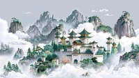 chinese architecture, temple, clouds, mountains, asian wallpaper