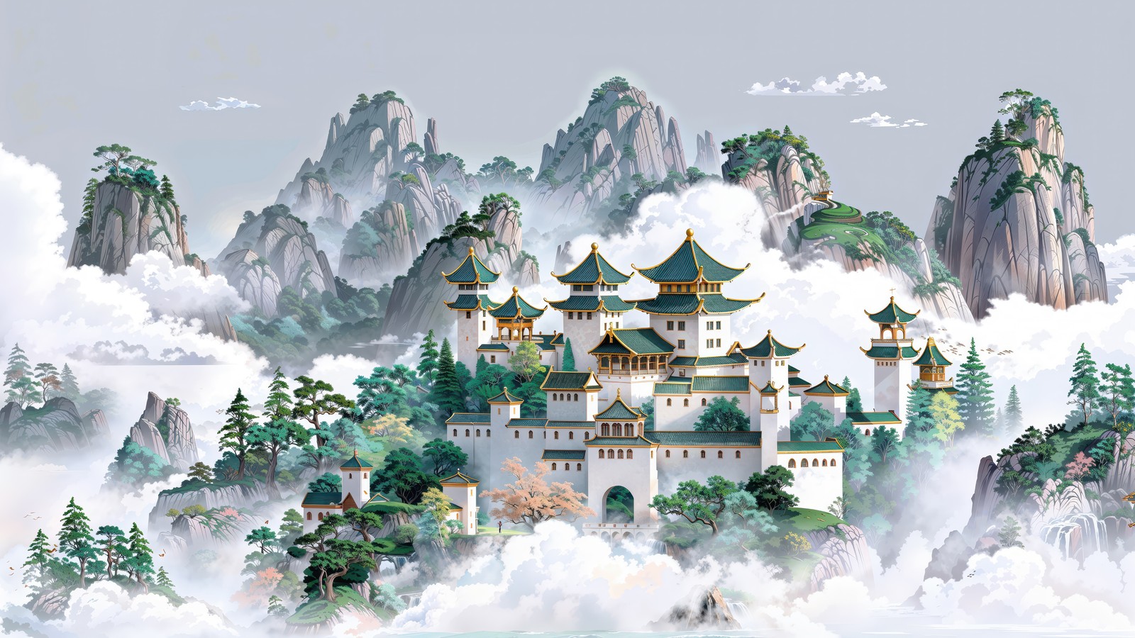 Um close em uma pintura de um castelo em uma montanha (arquitetura chinesa, templo, nuvens, montanhas, asiático)