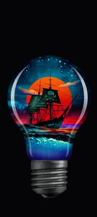 Illuminated Voyage: A Pirate Ship Under an Azure Sunset