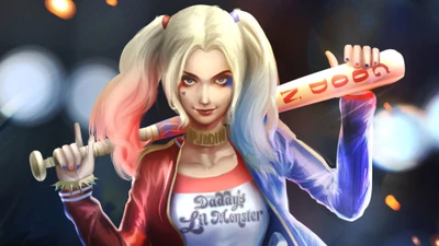 Harley Quinn mit einem Baseballschläger im dynamischen Comic-Stil