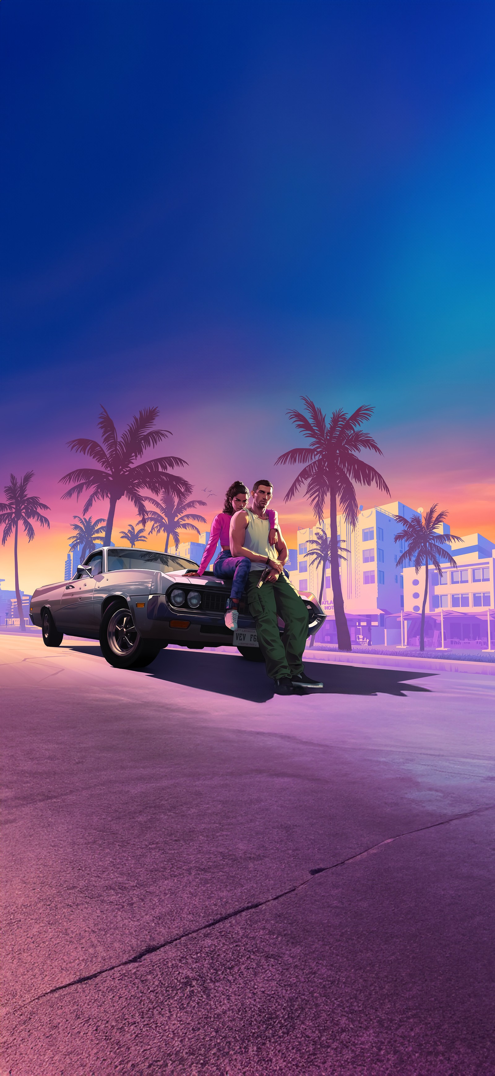 Un homme et une femme assis sur une voiture dans une ville (grand theft auto, vice city, pneu, roue, capuche)