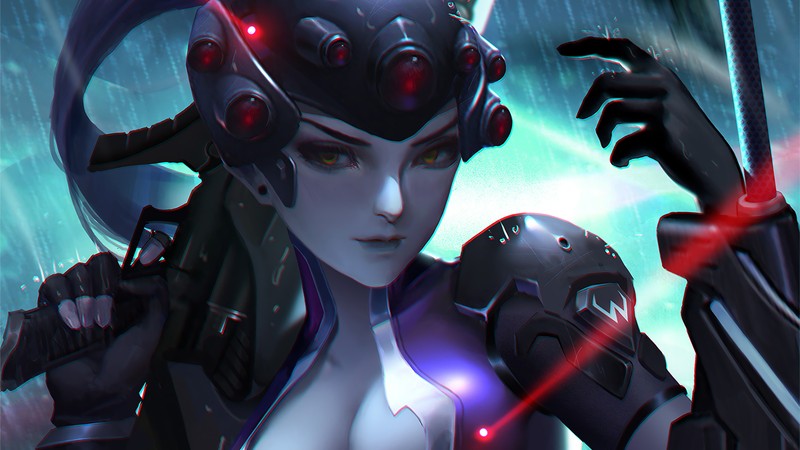 Крупный план женщины с пистолетом в руке (вдова, widowmaker, overwatch, видеоигра)