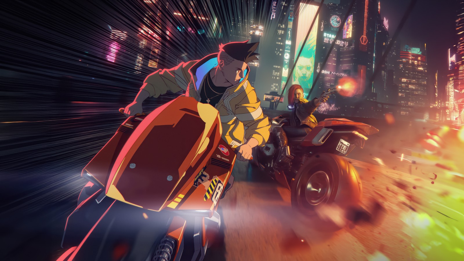 Personajes de anime montando motocicletas en una ciudad por la noche (david martinez, v cyberpunk, cyberpunk corredores, cyberpunk edgerunners, 5k)