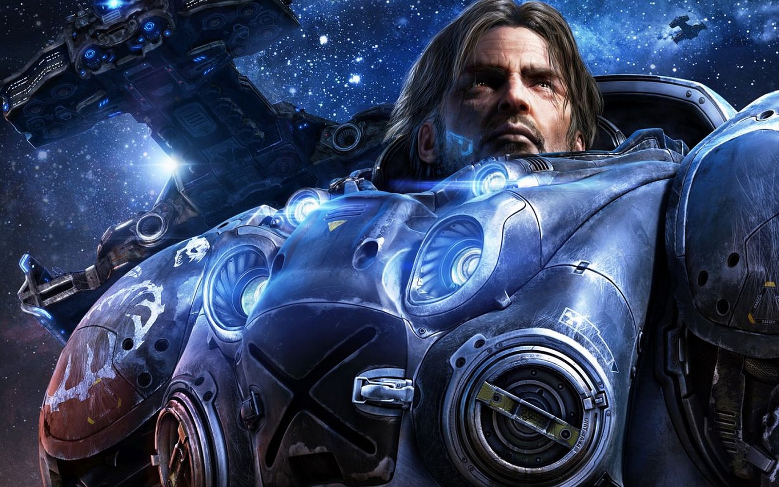 A man in a space suit holding a sci - fiorer (starcraft, jim raynor, space, pc game, visual effects)