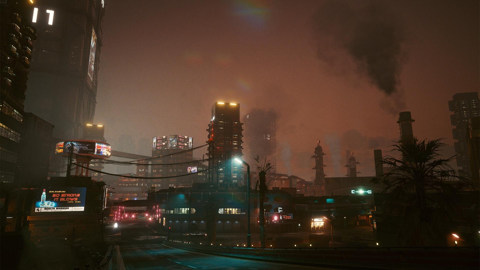 Il y a une ville avec beaucoup de fumée qui s'en échappe (cyberpunk, cyberpunk 2077, cyberpunk 2020, zone urbaine, nuit)