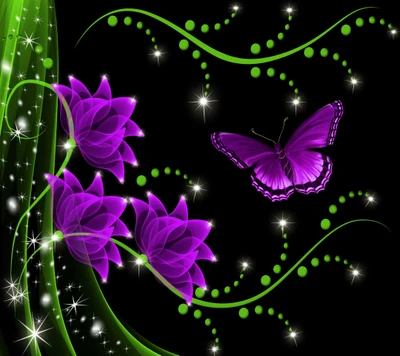 Neon Purple Butterfly Among Sparkling Flowers