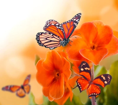 Vibrantes papillons monarques parmi les fleurs orange du printemps