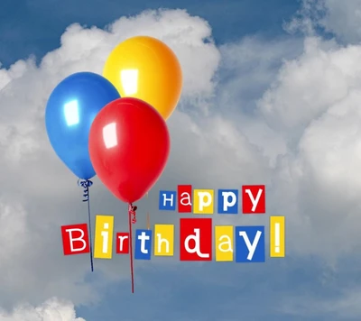 Colorful balloons with the cheerful message "Happy Birthday!" against a bright, cloudy sky.