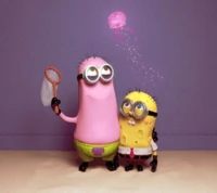 Minion e Bob Esponja alegremente pegando águas-vivas