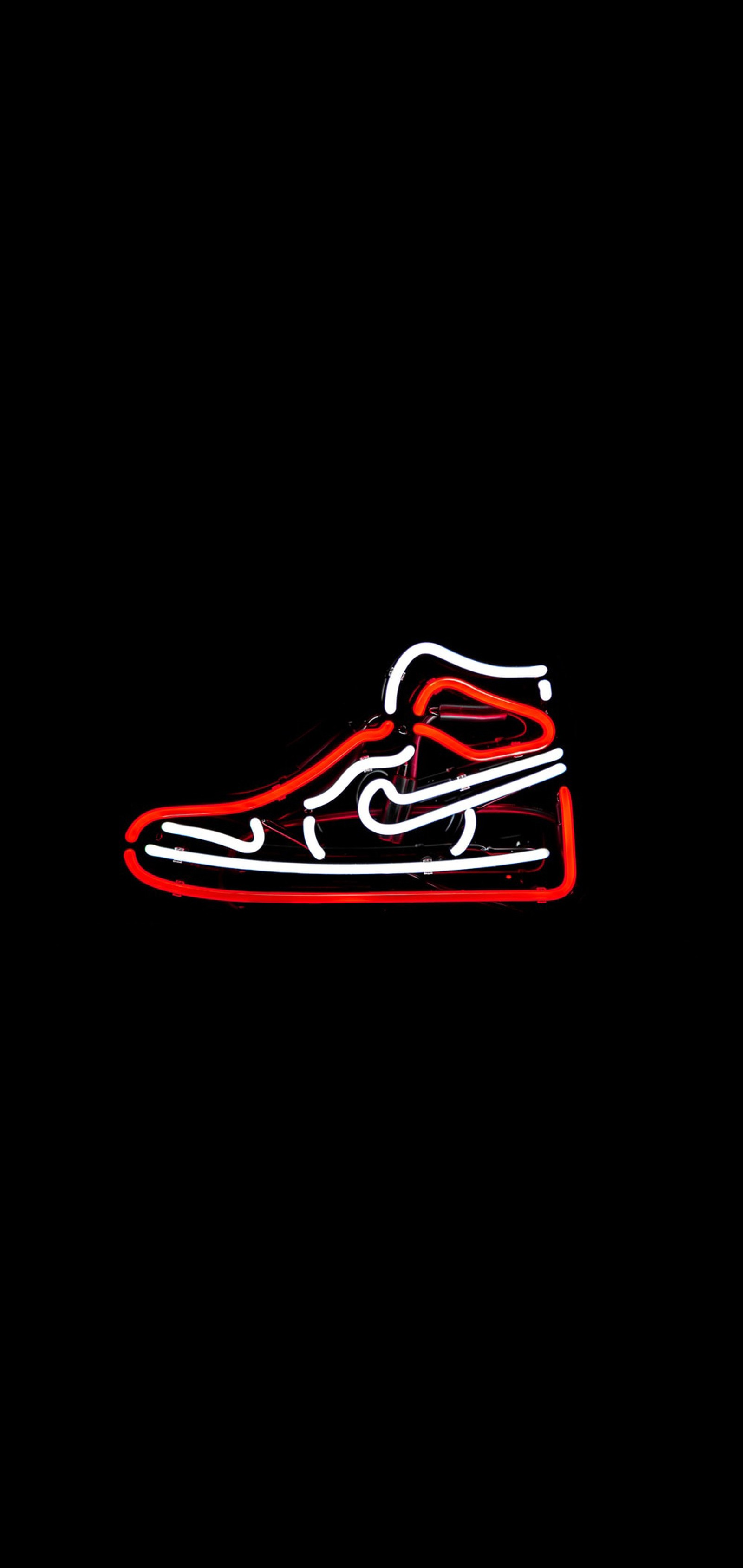 Neon sign of a shoe with a shoelace on it (air, air jordan, air jordan 1, jordan, neon)