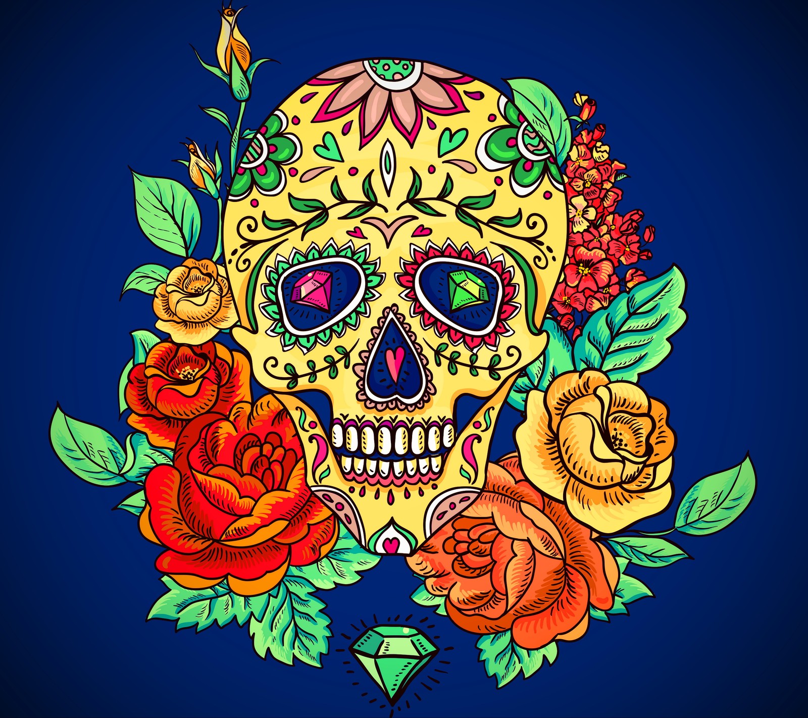 A close up of a skull with flowers and leaves on a blue background (abstract, design, landscape, love, nature)