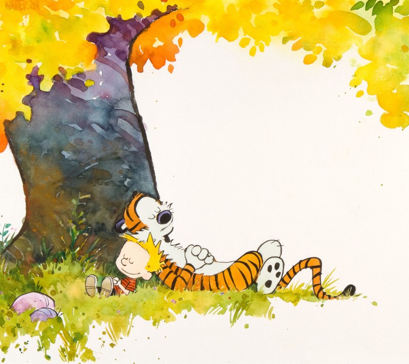 Il y a une peinture d'un tigre et d'un chien allongés sous un arbre (automne, garçon, cartoon, humeur, nature)