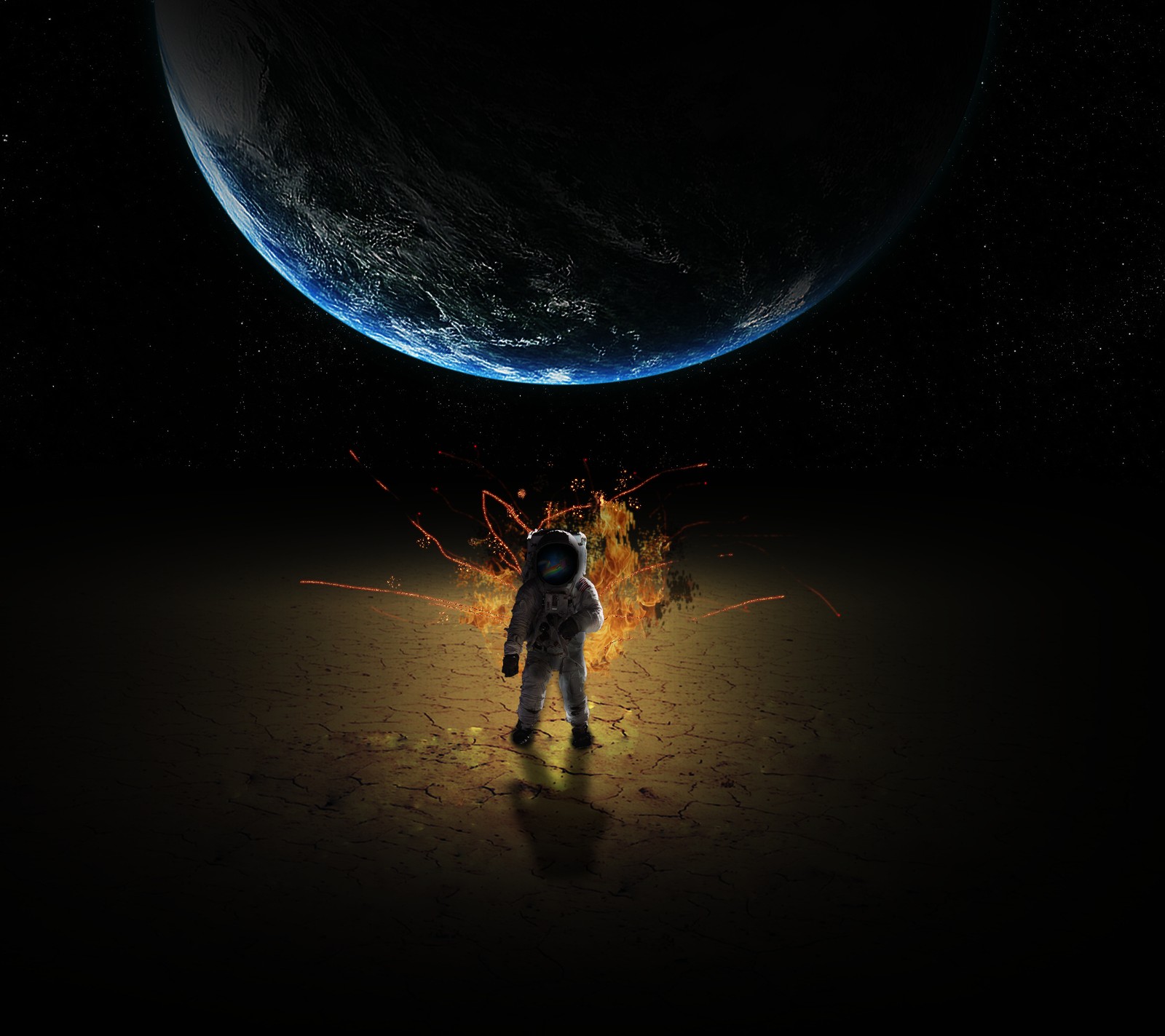 An astronaut in a space suit standing in front of a planet (astronaut, cool, earth, epic, explosion)