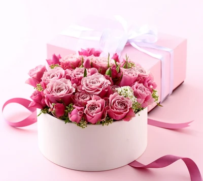 kiste, blumen, geschenk, liebe, rosa