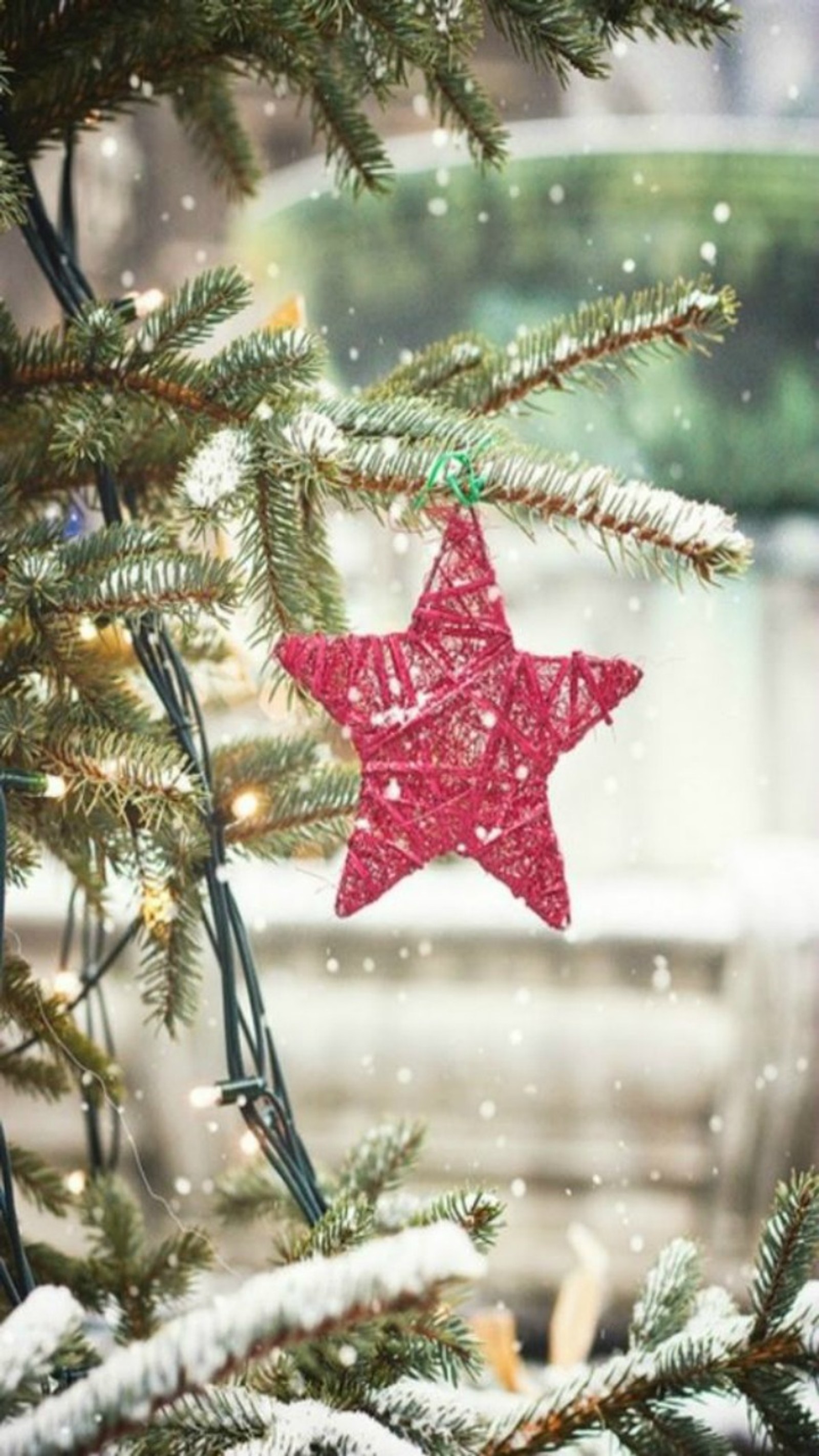 Un primer plano de un árbol de navidad con una decoración de estrella roja (árbol de navidad, nieve, estrella)