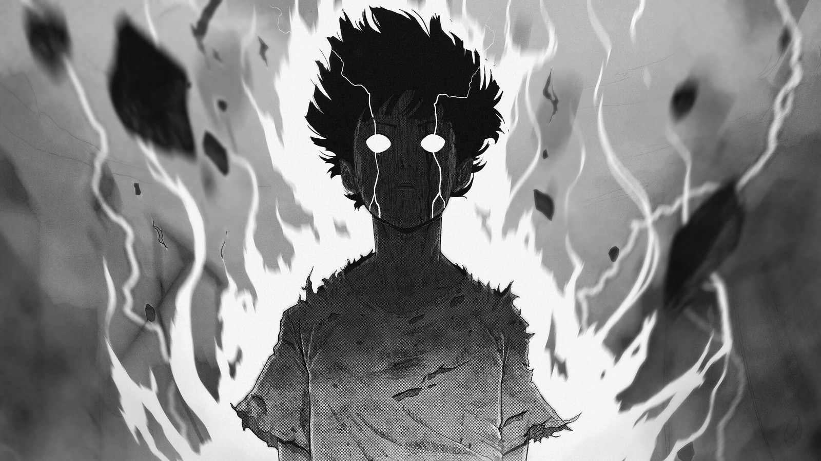 Anime, schwarz-weiß, junge, feuer, augen, haare, augen (anime, mob psycho 100)