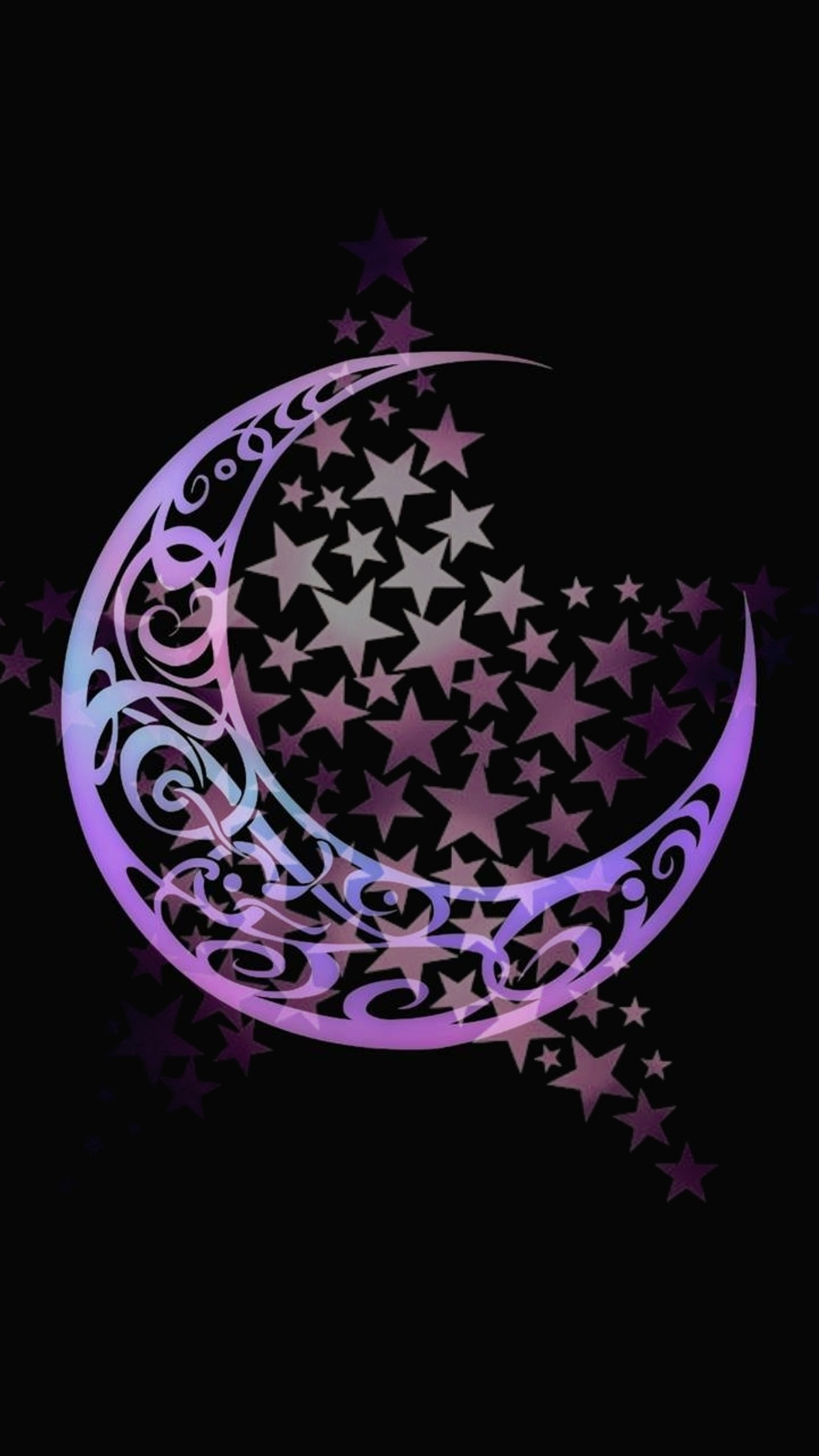 Un croissant violet avec des étoiles et des tourbillons sur un fond noir (lune, moonandstar)