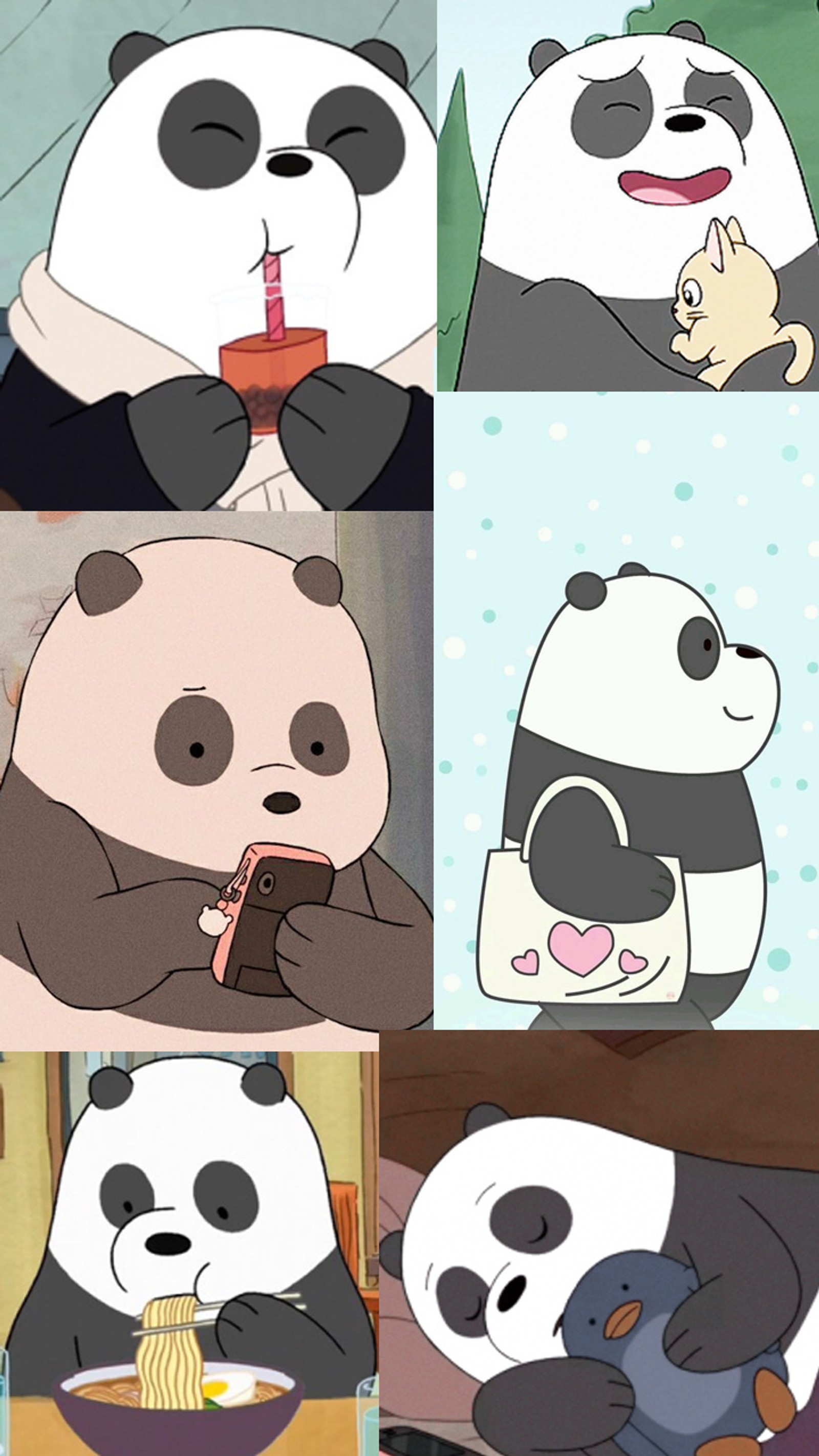 Primer plano de un panda de dibujos animados comiendo fideos con una cuchara (estética, desnudo, osos desnudos, osos, collage)