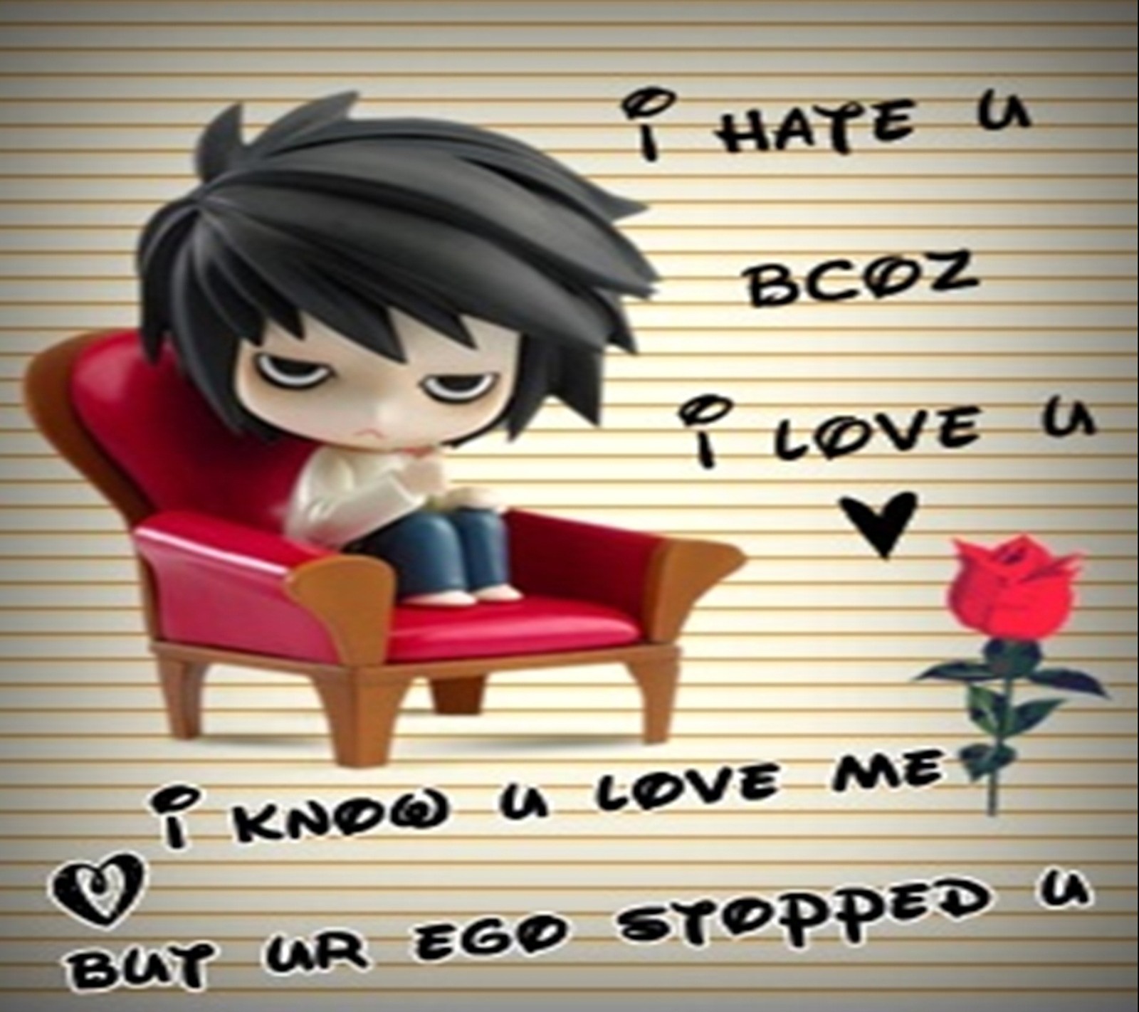 A cartoon picture of a girl sitting in a chair with a rose (2013, hate, heart, love, rose)