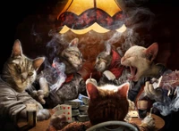 Katzen, die an einer rauchigen Pokerparty teilnehmen