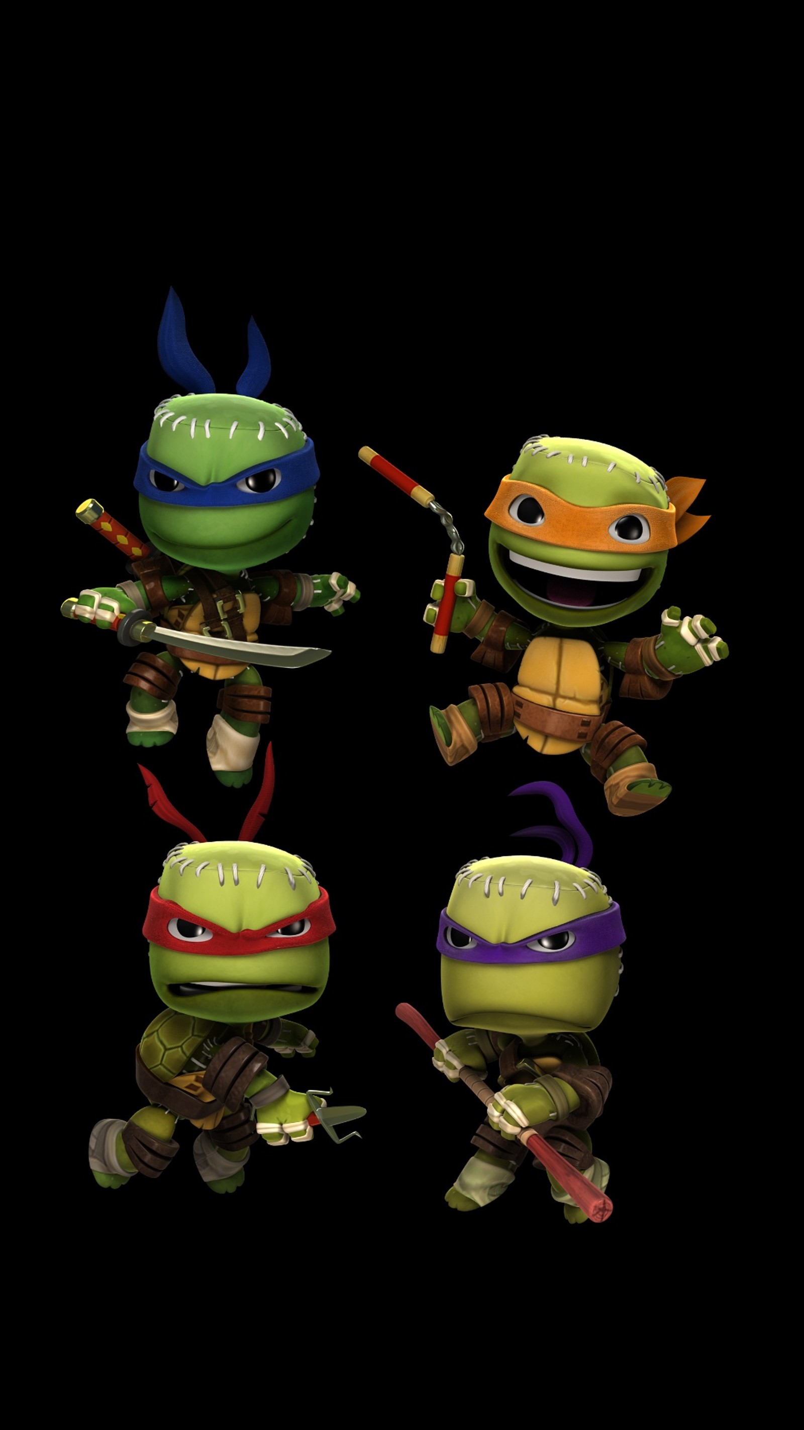 Teenage mutant turtles with weapons and helmets on a black background (littlebigplanet, ninja, tmnt, turtles)