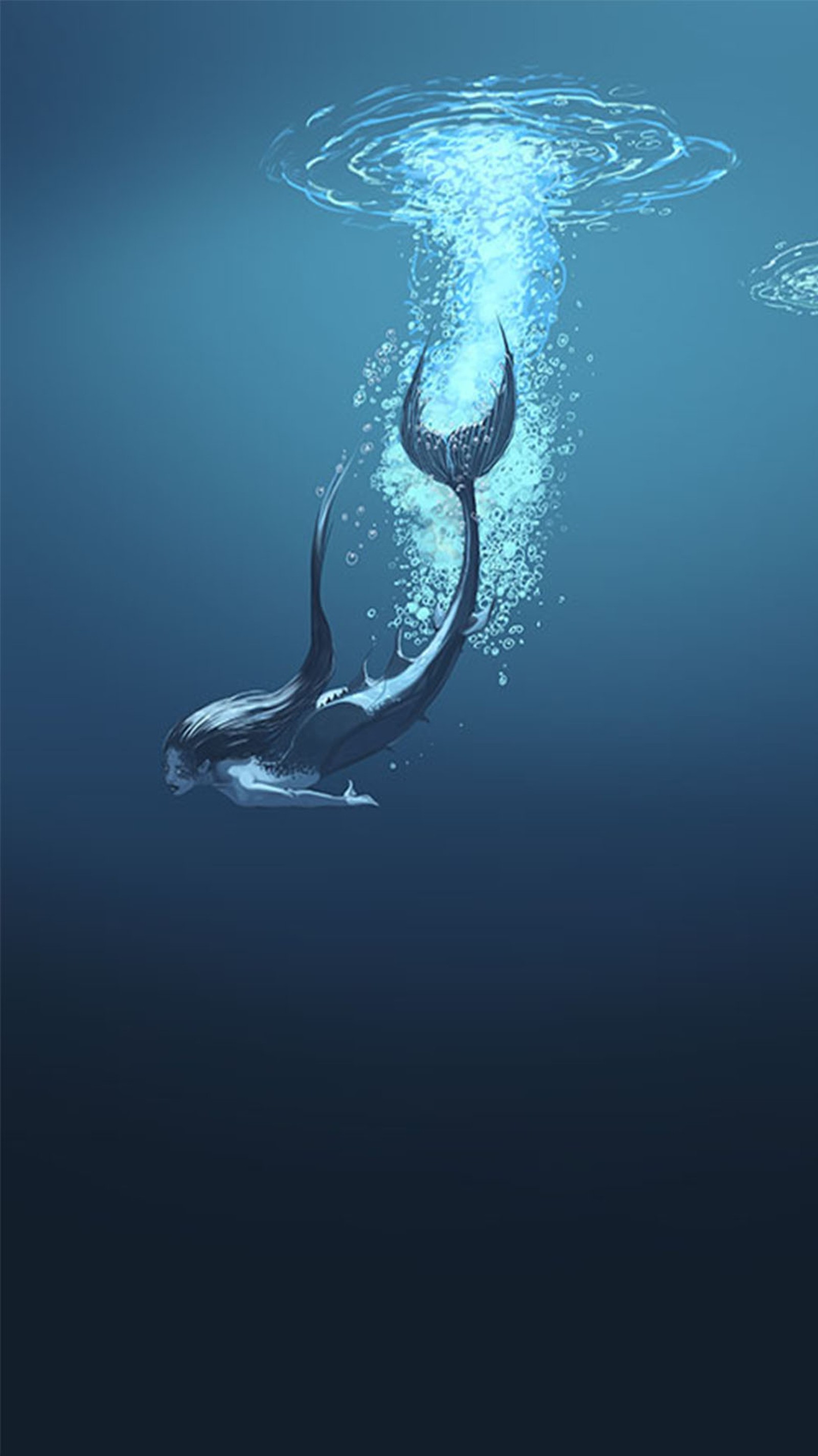 There is a whale swimming in the water with bubbles coming out of it (mermaid, water)