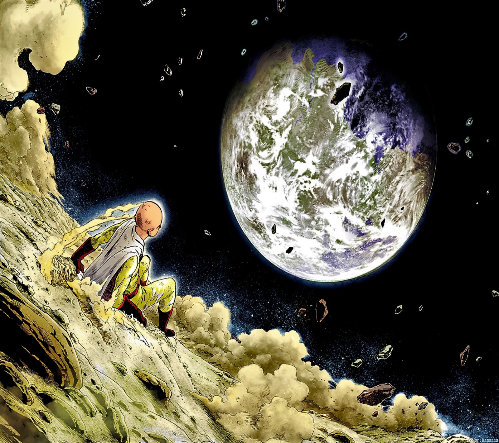 Personnage d'anime assis sur un rocher avec vue sur la terre (lune, one punch man, saitama)