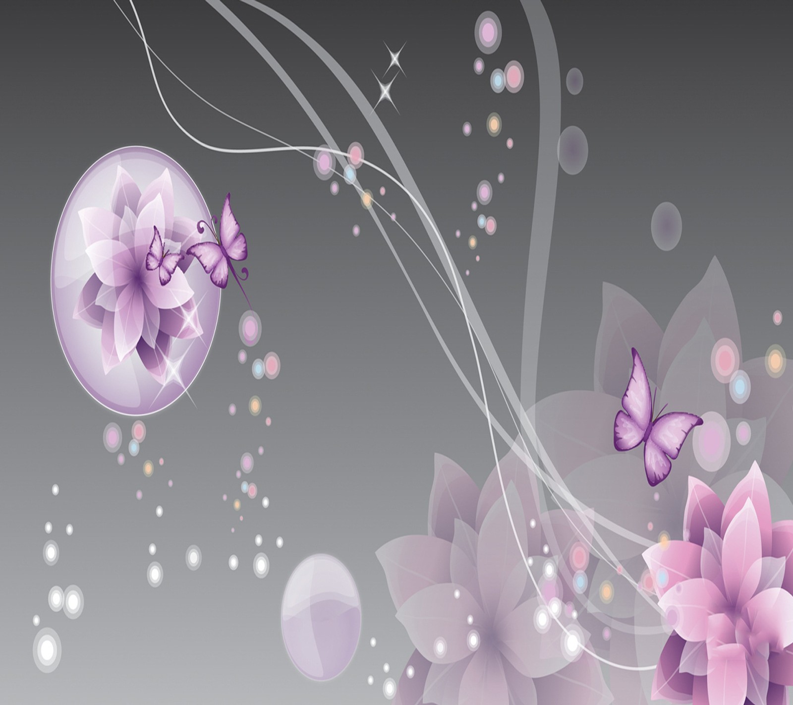 Purple flowers and butterflies with bubbles and stars on a gray background (floral, flower)