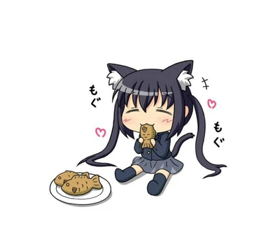 A cheerful anime student with cat ears happily enjoys a fish-shaped snack, surrounded by cute hearts.