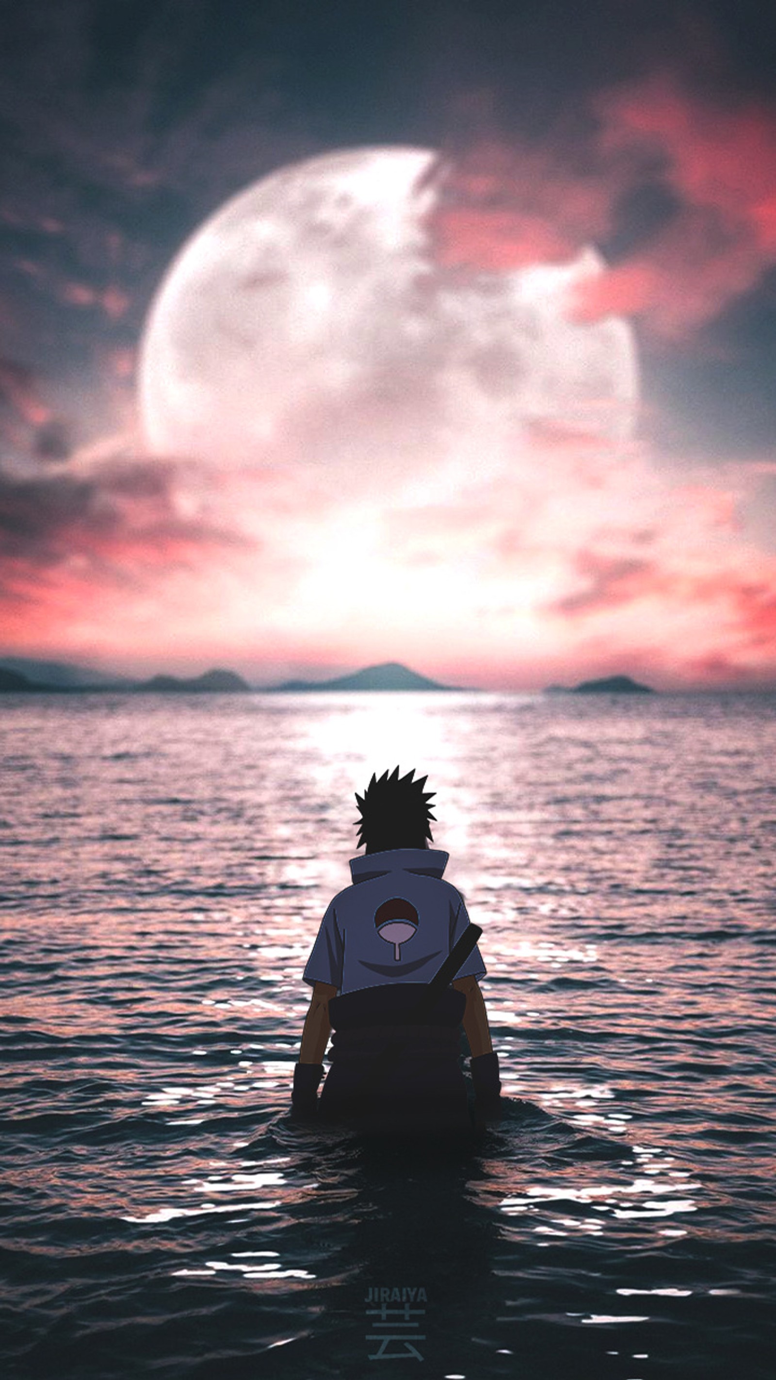 Un personnage d'anime assis dans l'eau avec une pleine lune en arrière-plan (anime, itachi, lune, naruto, sasuke)