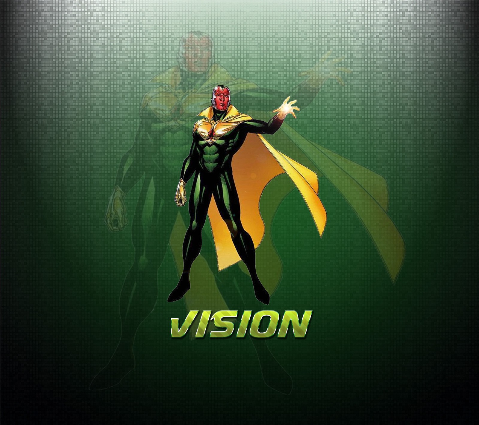 A close up of a person in a green and yellow costume (avengers, cool, new, vision)