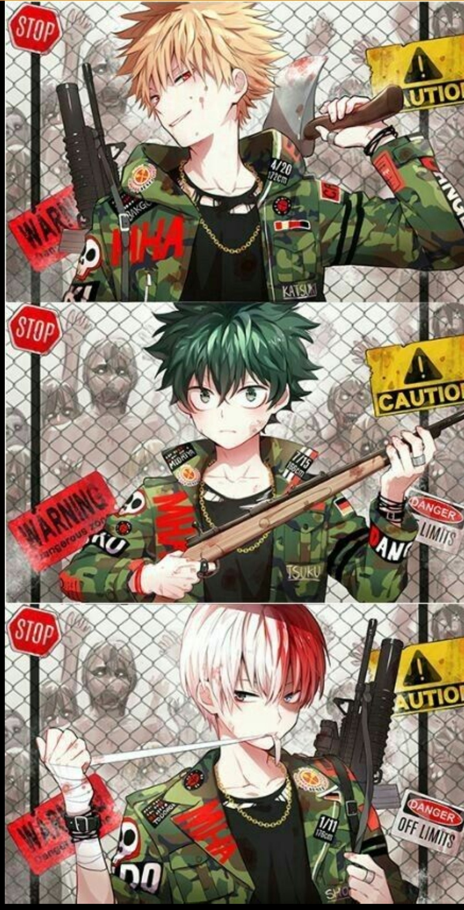 A group of anime characters with guns and signs on them (bnha, deku, katsuki, myheroacademia, todoroki)