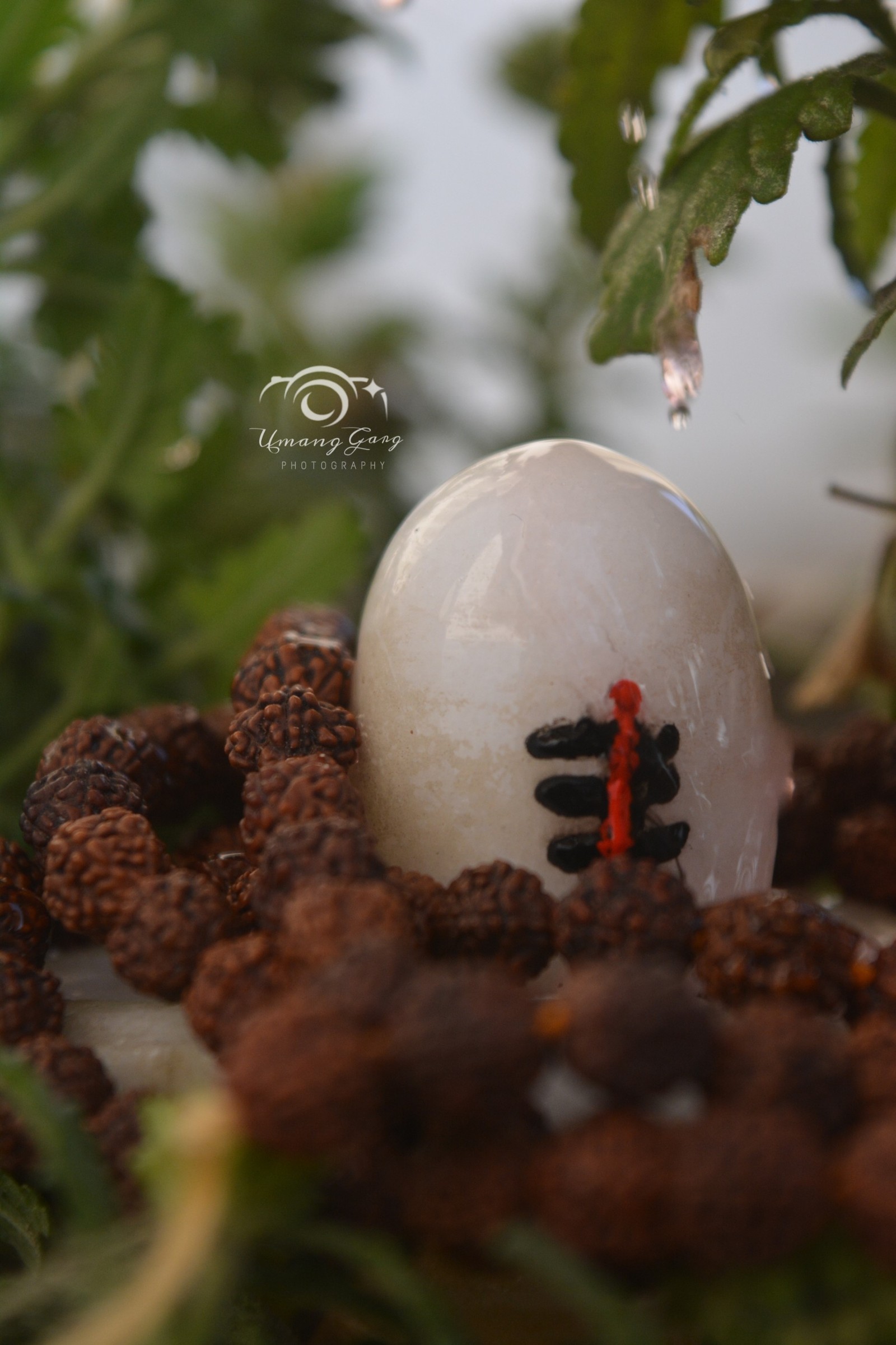 There is a white egg with a red decoration on it (shivbholenath, ugphotography)