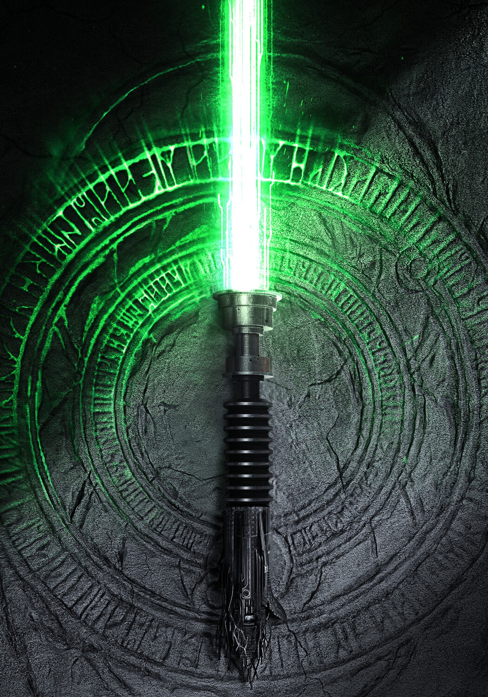 Gros plan d'un sabre laser vert sur un fond noir (sabre laser, lightsaber, luke skywalker, star wars)