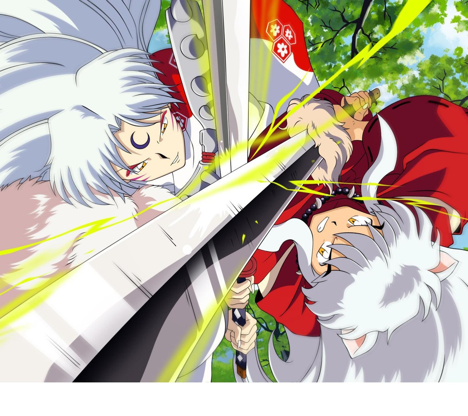 Anime characters are fighting with swords in a scene from the anime (inuyasha, sesshomaru)