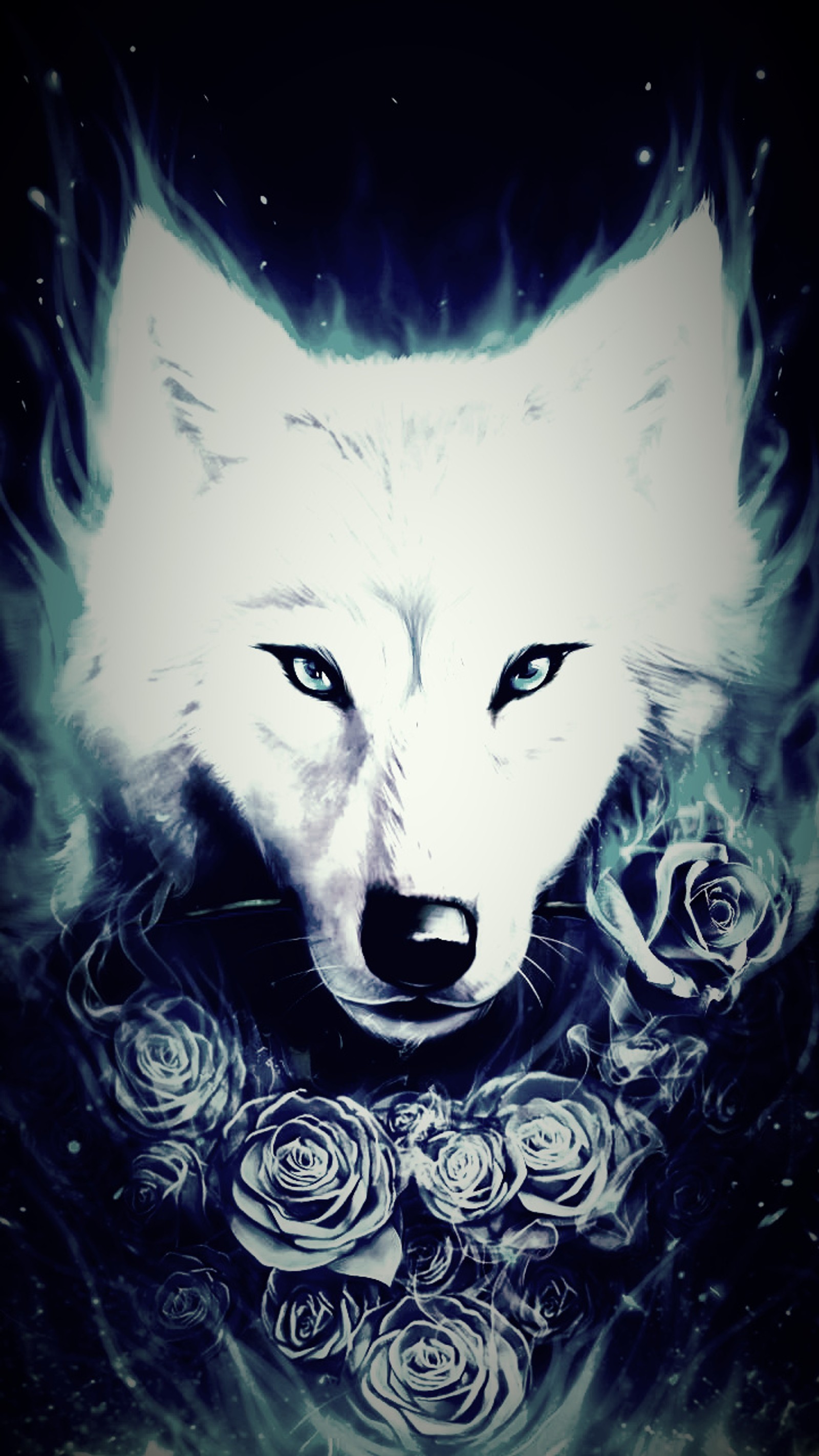 There is a white wolf with a black collar and roses (blue, pretty, wolf)