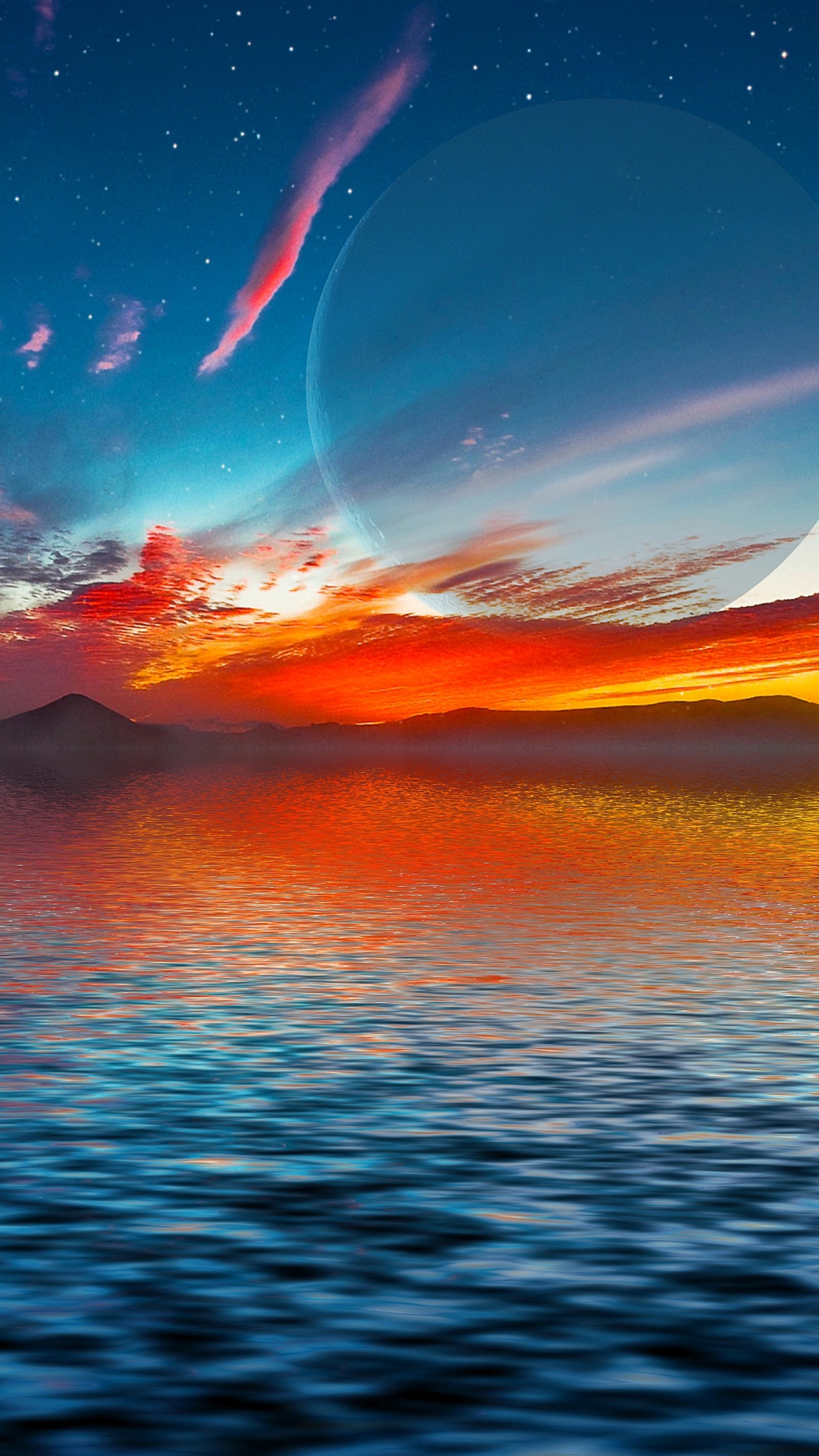 A view of a sunset over a body of water with a mountain in the distance (sea, sky, sunset)