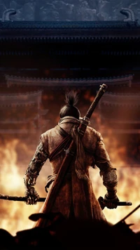 Epic Samurai Warrior Amidst Flames in Sekiro: Shadows Die Twice