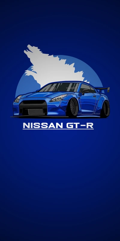 Nissan GT-R em um fundo azul ousado com uma silhueta de lobo estilizada.