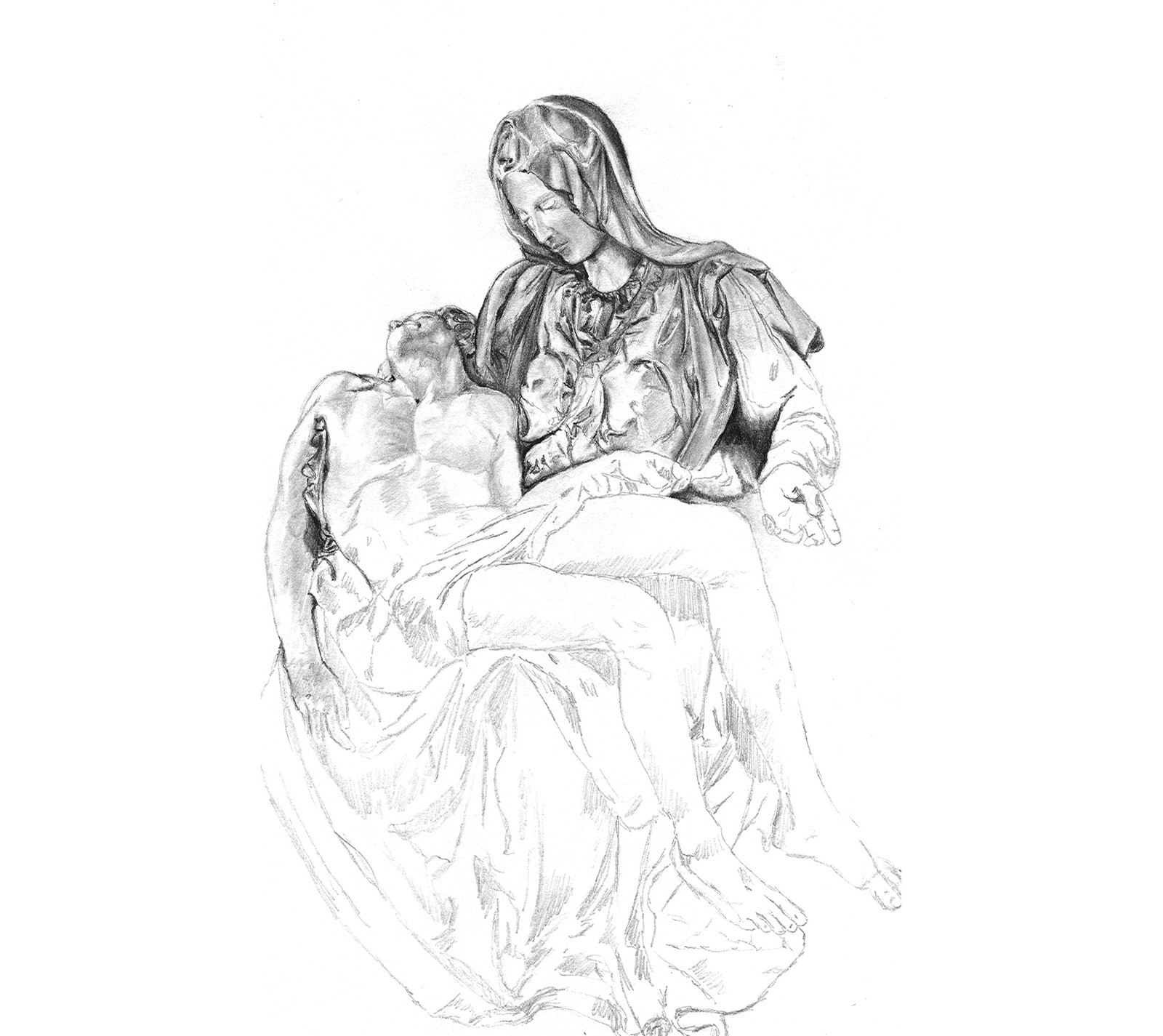 A drawing of a woman holding a baby in her lap (drawing, michael angelo, pencil, statue)